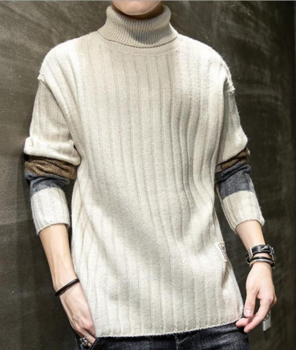 Mens Causal Turtle Neck Sweater with Stripe Sleeves Design