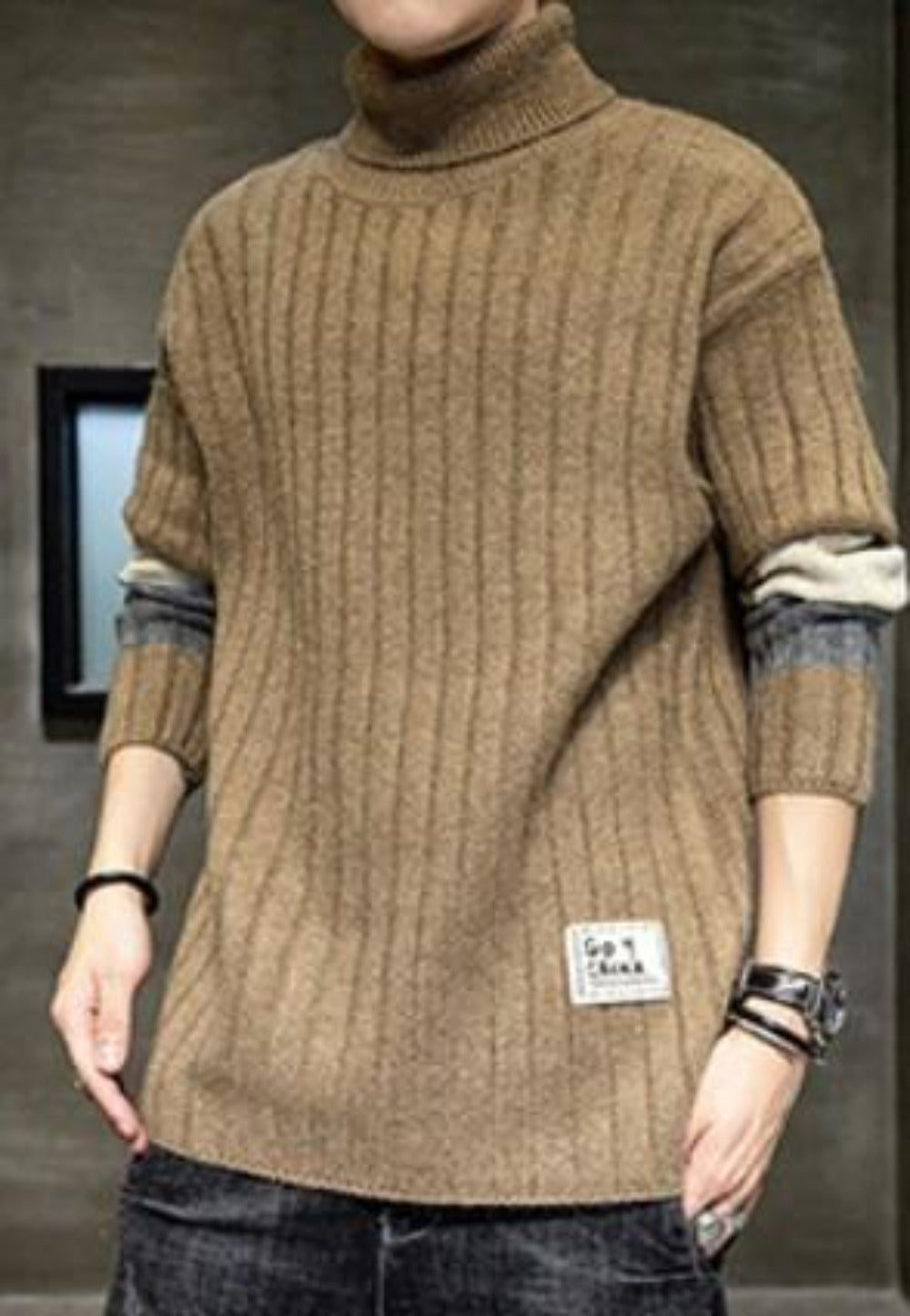 Mens Causal Turtle Neck Sweater with Stripe Sleeves Design