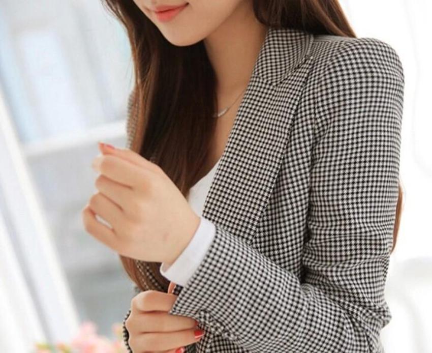 womens checkered cotton blend one button blazer - AmtifyDirect