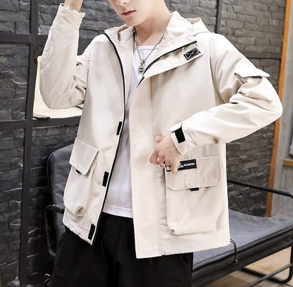 mens off white polyester/cotton blend hooded zip up street style jacket