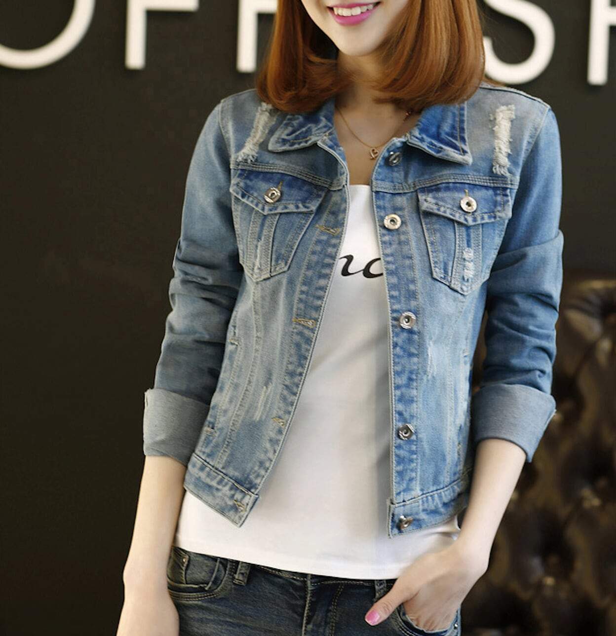 womens blue denim distressed short jacket - AmtifyDirect