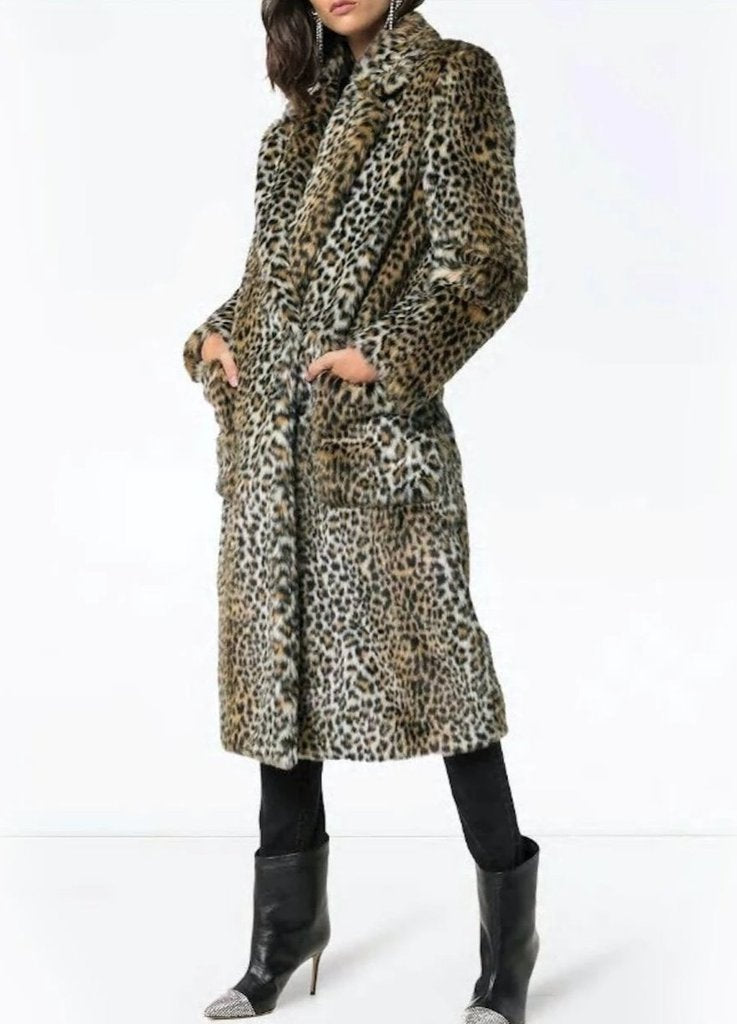 Womens Faux Fur Leopard Print  Overcoat with Pockets Design