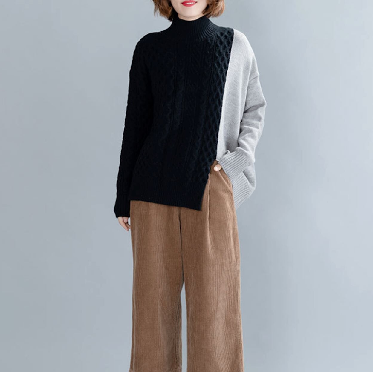 womens cotton blend color block cable knit pullover sweater - AmtifyDirect