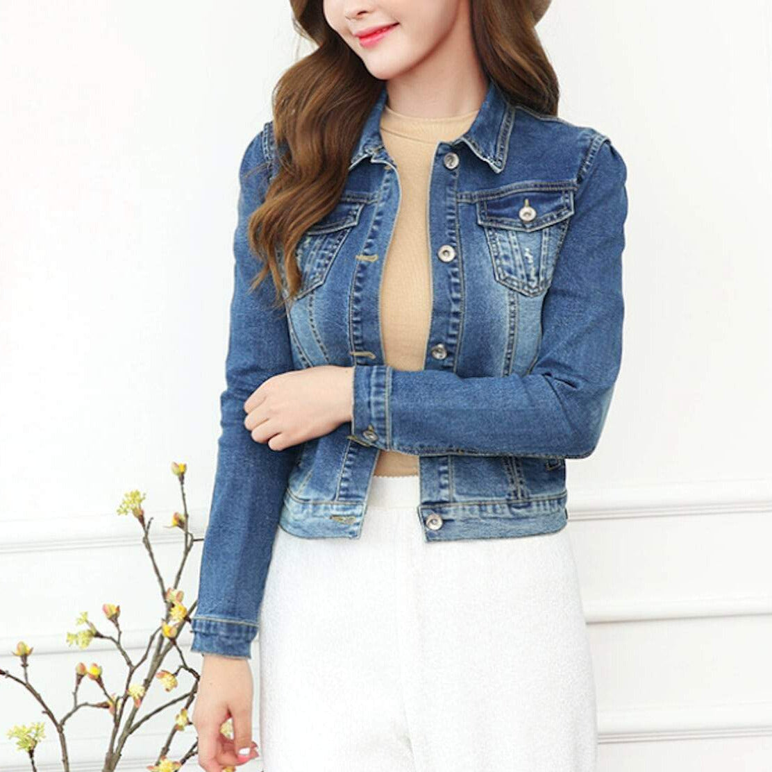 womens blue denim short jacket - AmtifyDirect