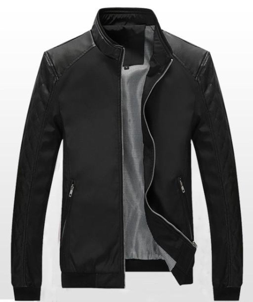 Mens Bomber Biker Jacket with Faux Leather Details - AmtifyDirect