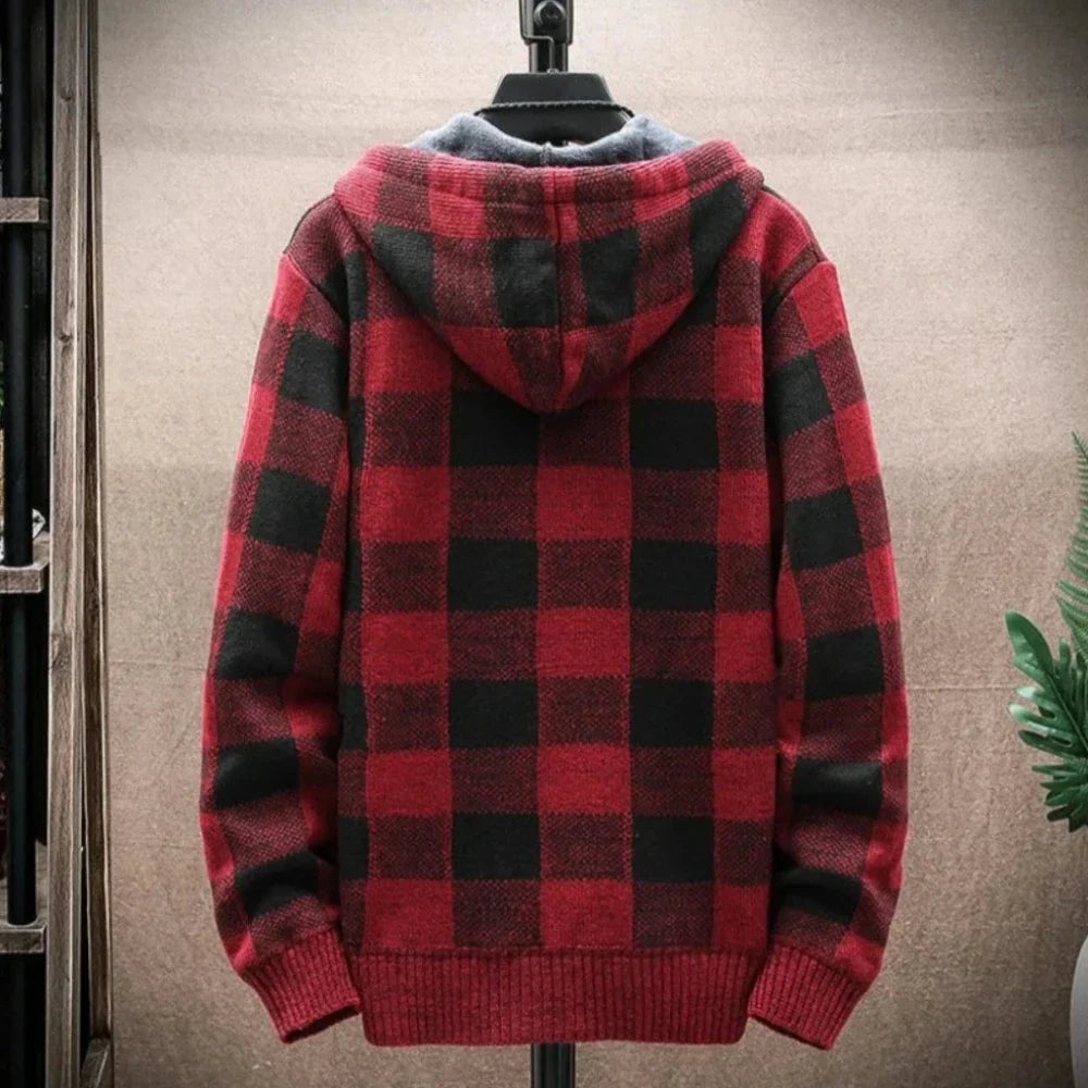 Mens Hooded Plaid Zipped Up Jacket