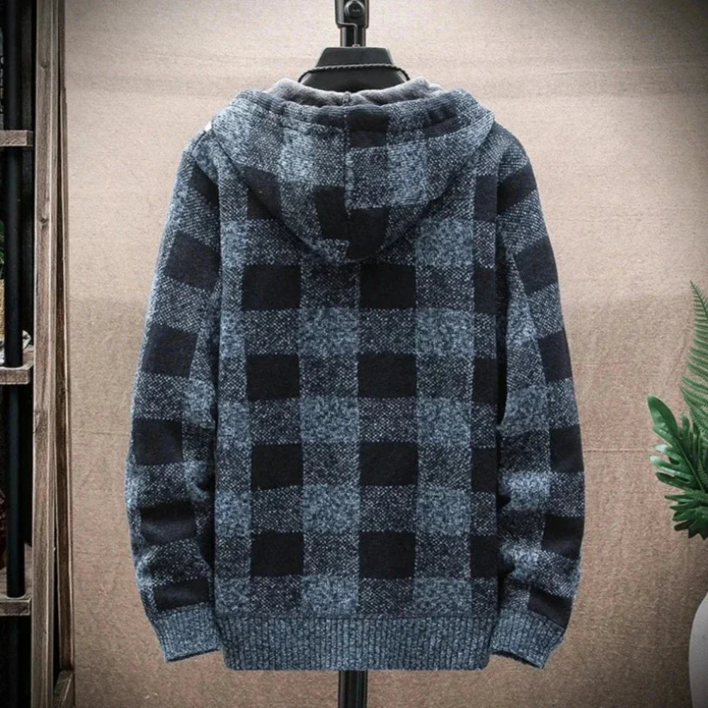 Mens Hooded Plaid Zipped Up Jacket