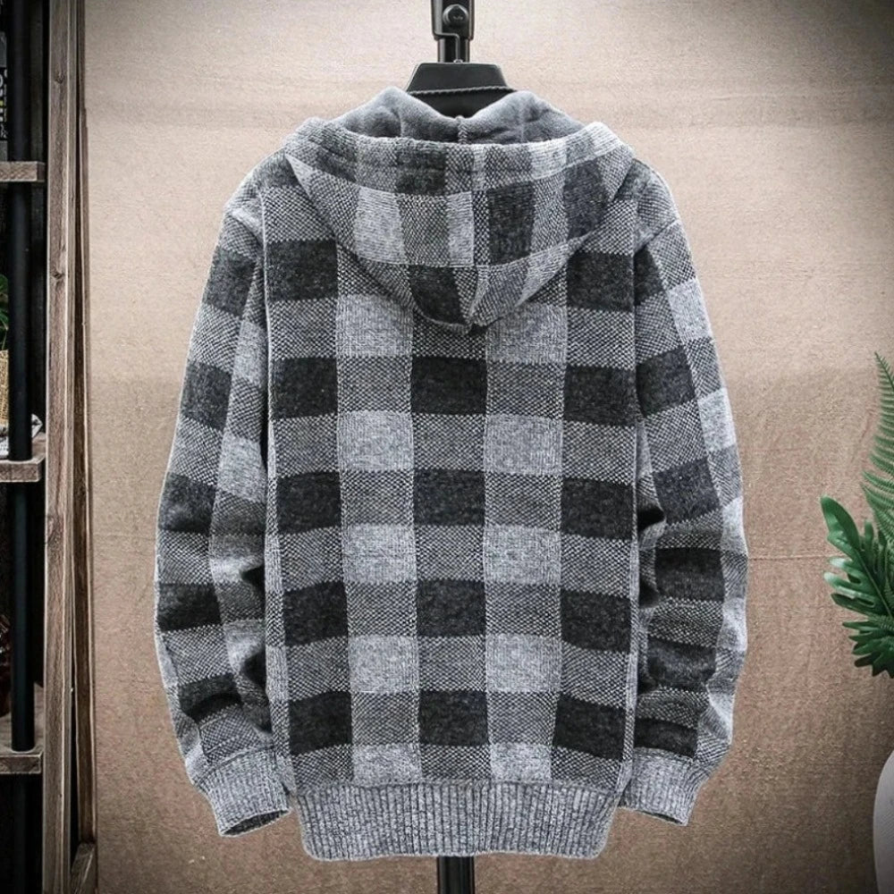 Mens Hooded Plaid Zipped Up Jacket