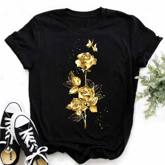 Womens Summer Short Sleeve Black Tee with Golden Rose Design