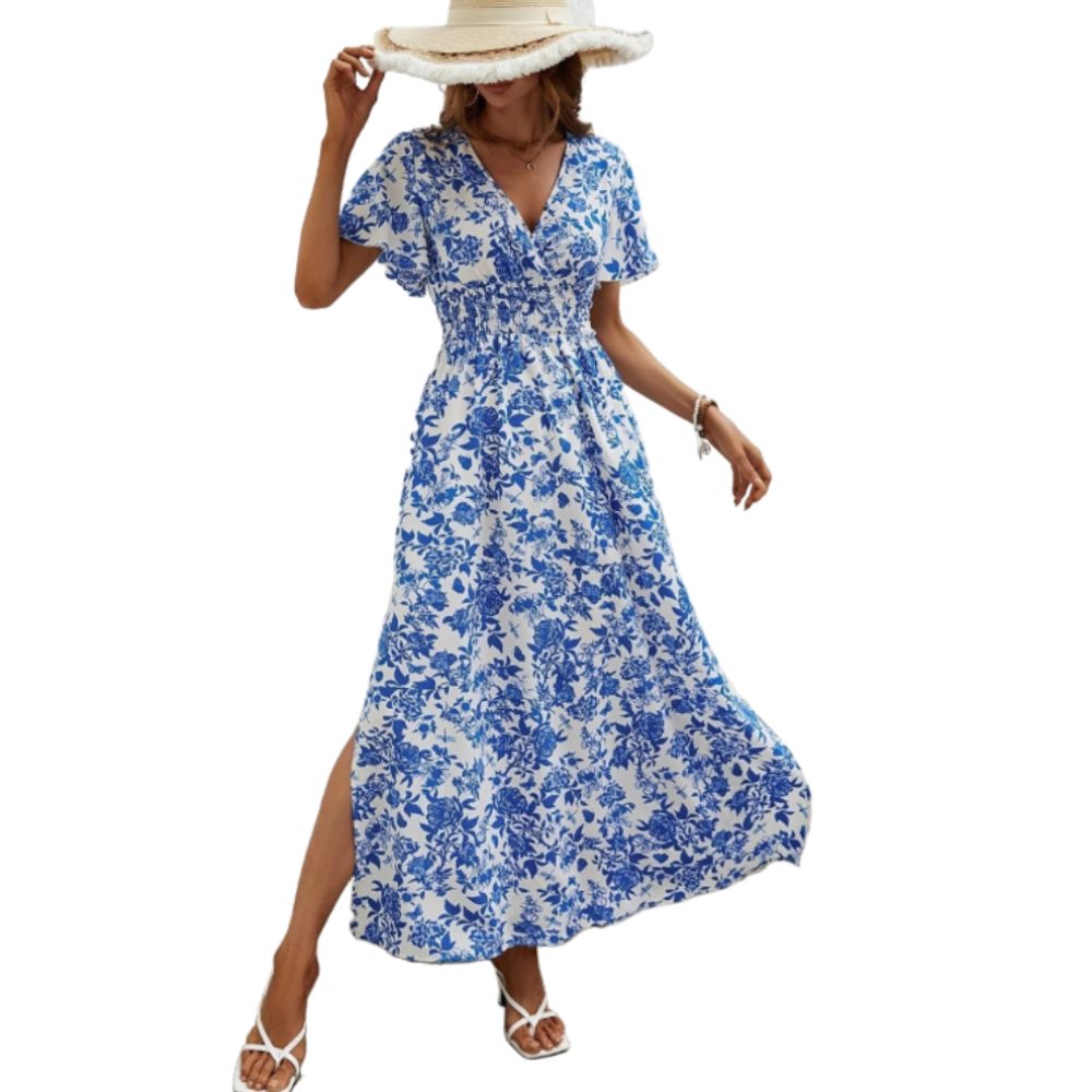 Womens Summer Ocean Floral V Neck Dress