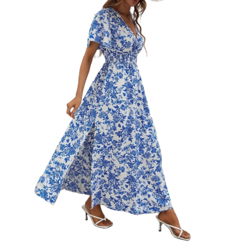 Womens Summer Ocean Floral V Neck Dress