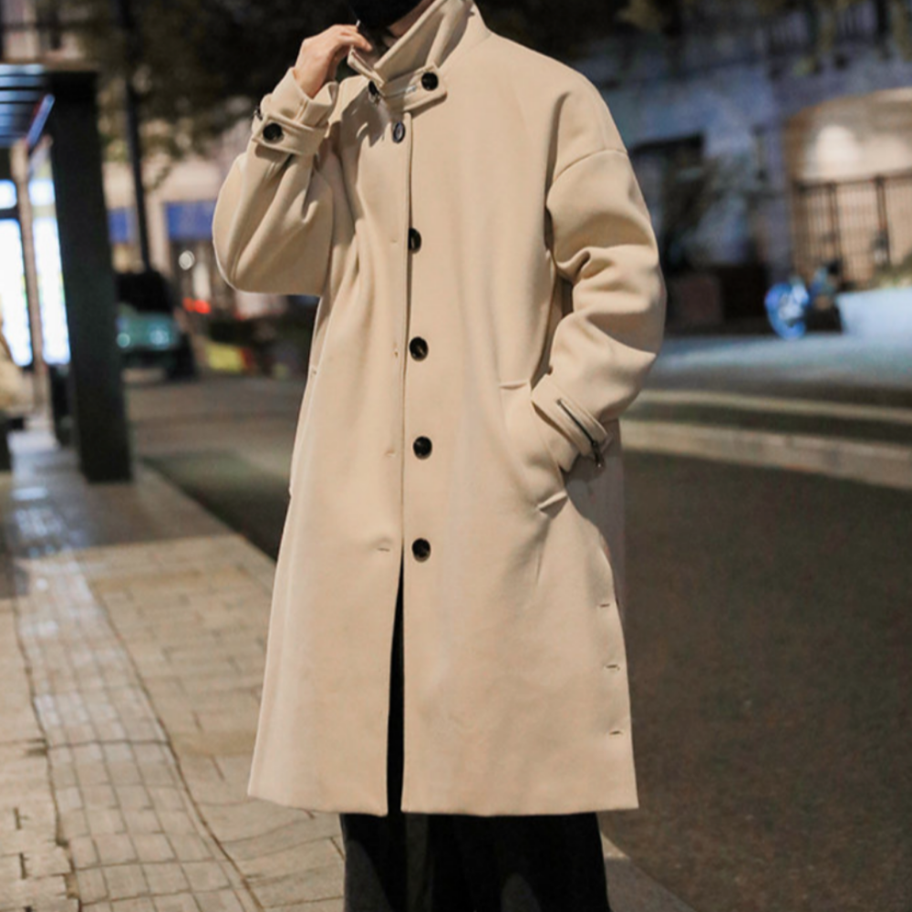 Mens Long Trench Coat With Button Slit Details