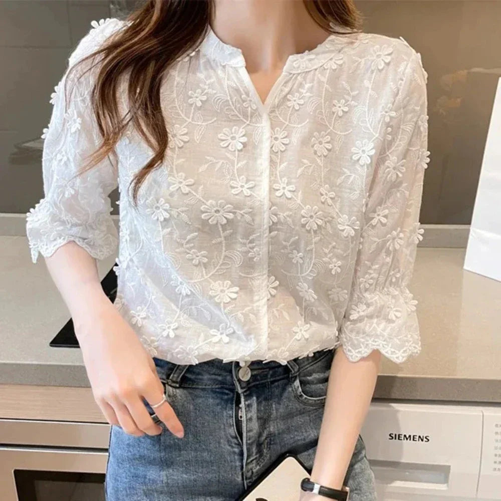 Womens Summer Embroidery Floral Lace Blouse