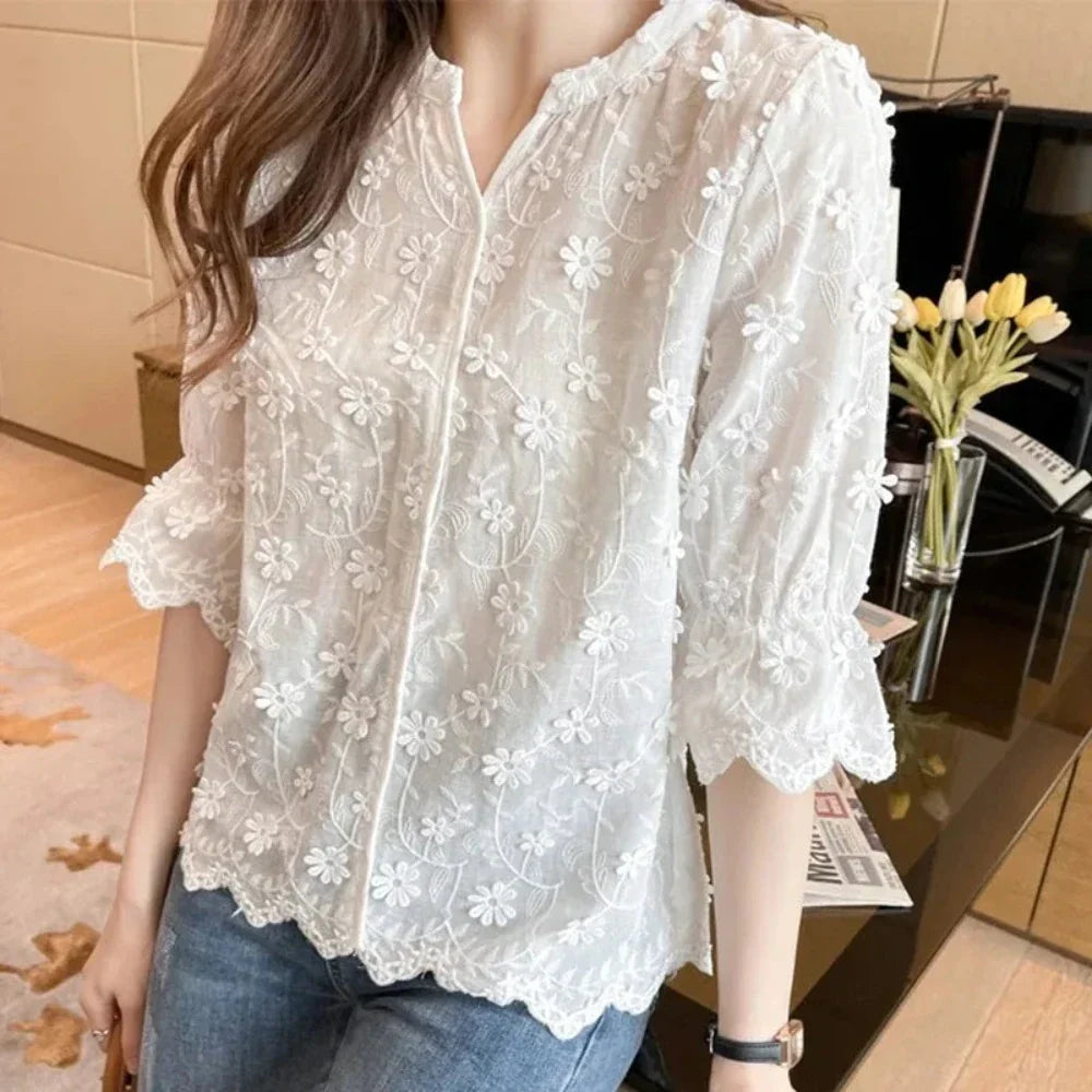 Womens Summer Embroidery Floral Lace Blouse