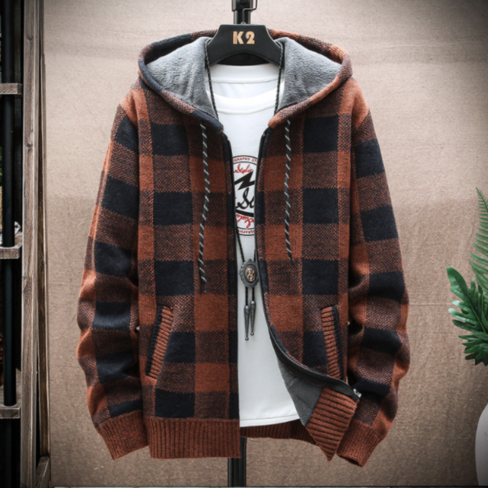 Mens Hooded Plaid Zipped Up Jacket