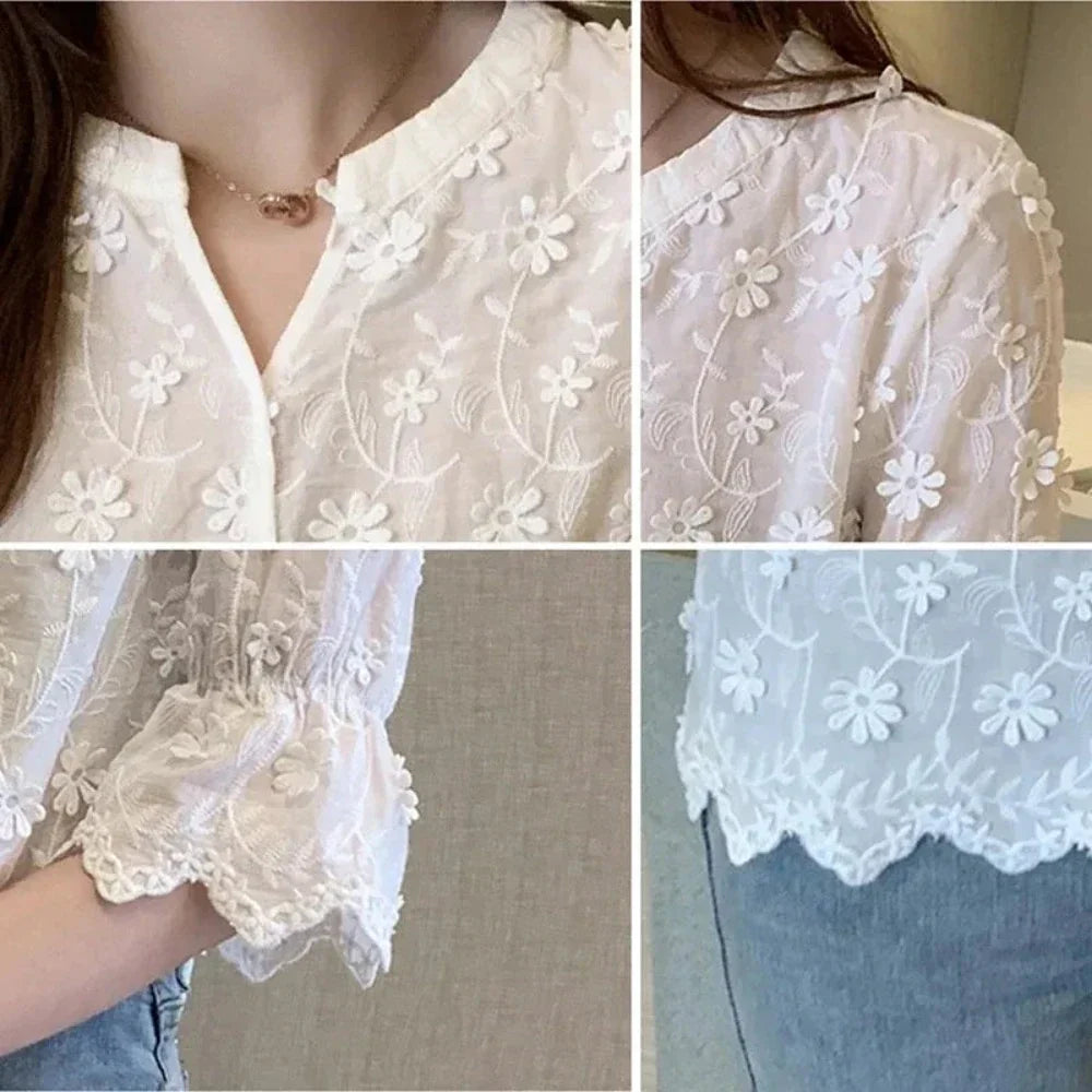 Womens Summer Embroidery Floral Lace Blouse