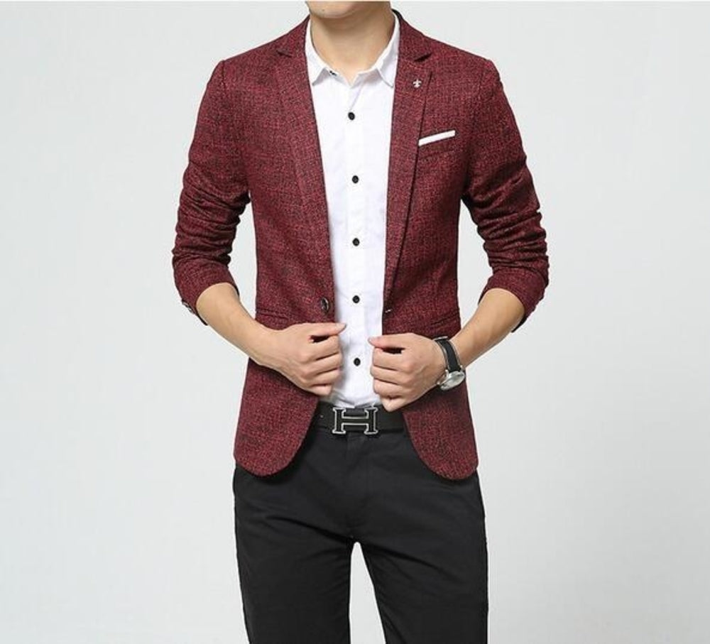 mens red tweed polyester/cotton blend one button houndstooth blazer - AmtifyDirect