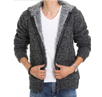 Mens Gray Cotton Blend Hooded Zipper Jacket with Inner Fur - AmtifyDirect