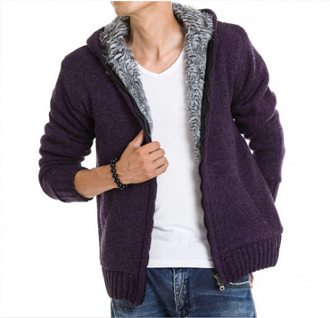 Mens Purple Cotton Blend Hooded Zipper Jacket with Inner Fur - AmtifyDirect