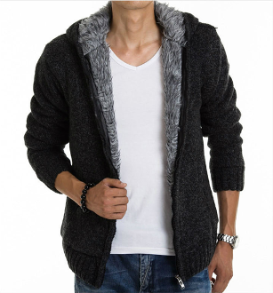 Mens Black Cotton Blend Hooded Zipper Jacket with Inner Fur - AmtifyDirect