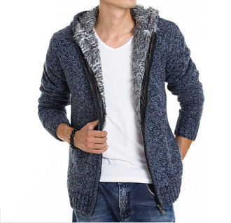 Mens Blue Cotton Blend Hooded Zipper Jacket with Inner Fur - AmtifyDirect