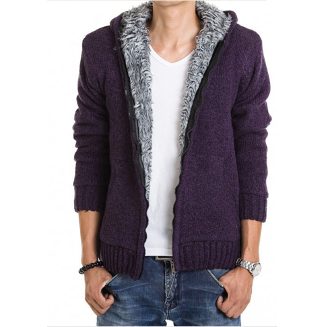 Mens Purple Cotton Blend Hooded Zipper Jacket with Inner Fur - AmtifyDirect