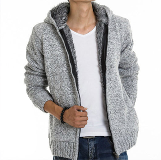 Mens Gray Cotton Blend Hooded Zipper Jacket with Inner Fur - AmtifyDirect