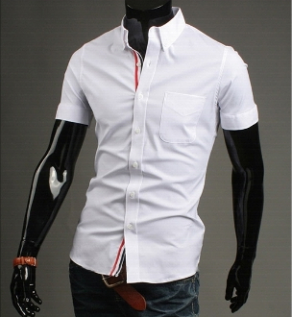 mens white cotton short sleeve shirt with ribbon placket - AmtifyDirect