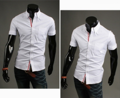 mens white cotton short sleeve shirt with ribbon placket - AmtifyDirect
