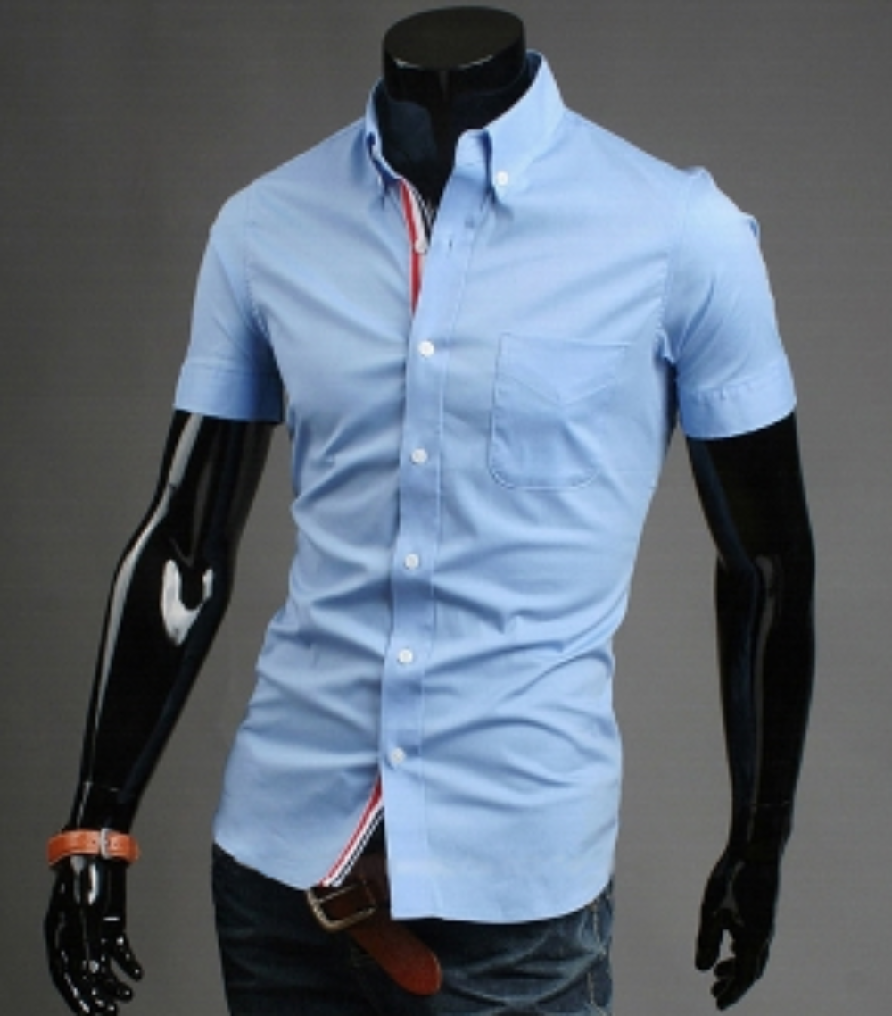 mens light blue cotton short sleeve shirt with ribbon placket - AmtifyDirect