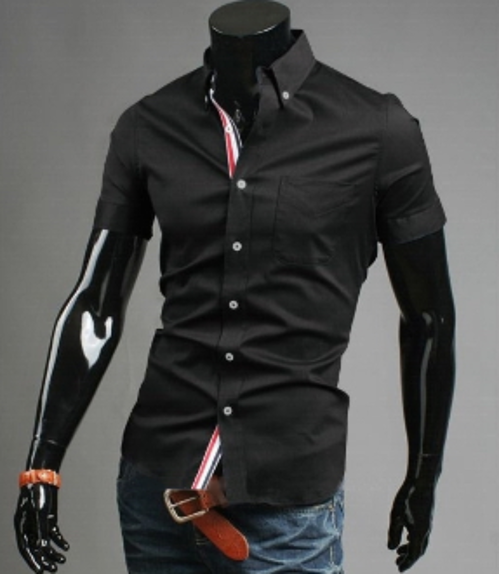 mens black cotton short sleeve shirt with ribbon placket - AmtifyDirect