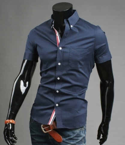 mens navy cotton short sleeve shirt with ribbon placket - AmtifyDirect