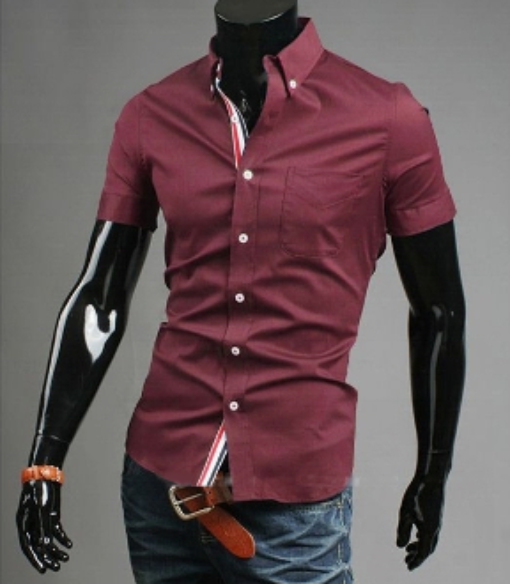 mens red cotton short sleeve shirt with ribbon placket - AmtifyDirect