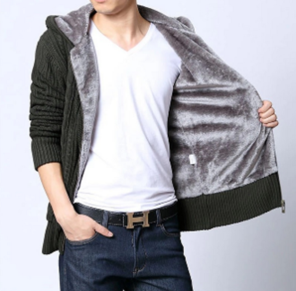 Mens Hooded Cardigan with Inner Fur - AmtifyDirect