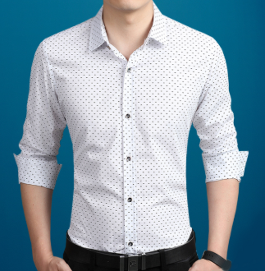 Mens white cotton Long Sleeve Shirt with Print Pattern - AmtifyDirect