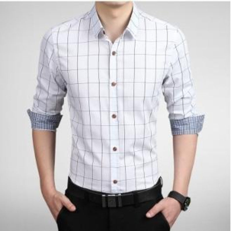 Mens White Cotton Blend Long Sleeve Checked Shirt - AmtifyDirect