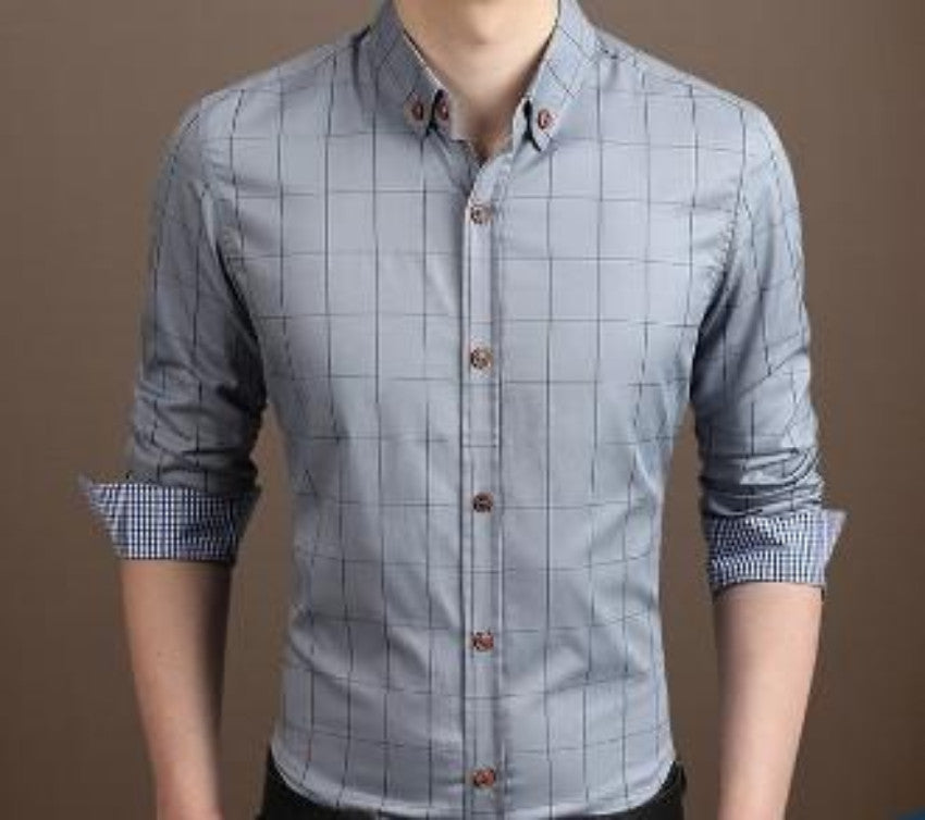 Mens Gray Cotton Blend Long Sleeve Checked Shirt - AmtifyDirect