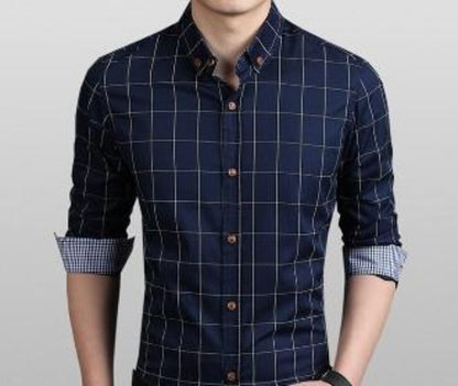 Mens Navy Cotton blend Long Sleeve Checked Shirt - AmtifyDirect