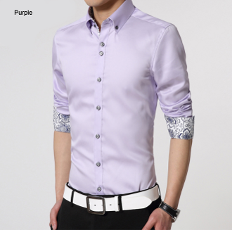 mens purple polyester vegan friendly button down shirt with contrasting print cuffs - AmtifyDirect