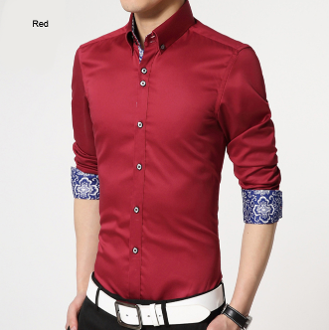 mens red polyester vegan friendly button down shirt with contrasting print cuffs - AmtifyDirect