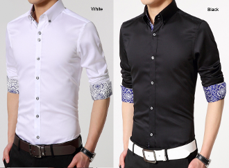 mens polyester vegan friendly button down shirt with contrasting print cuffs - AmtifyDirect