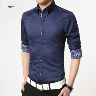 mens navy polyester vegan friendly button down shirt with contrasting print cuffs - AmtifyDirect