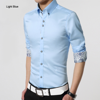 mens light blue polyester vegan friendly button down shirt with contrasting print cuffs - AmtifyDirect