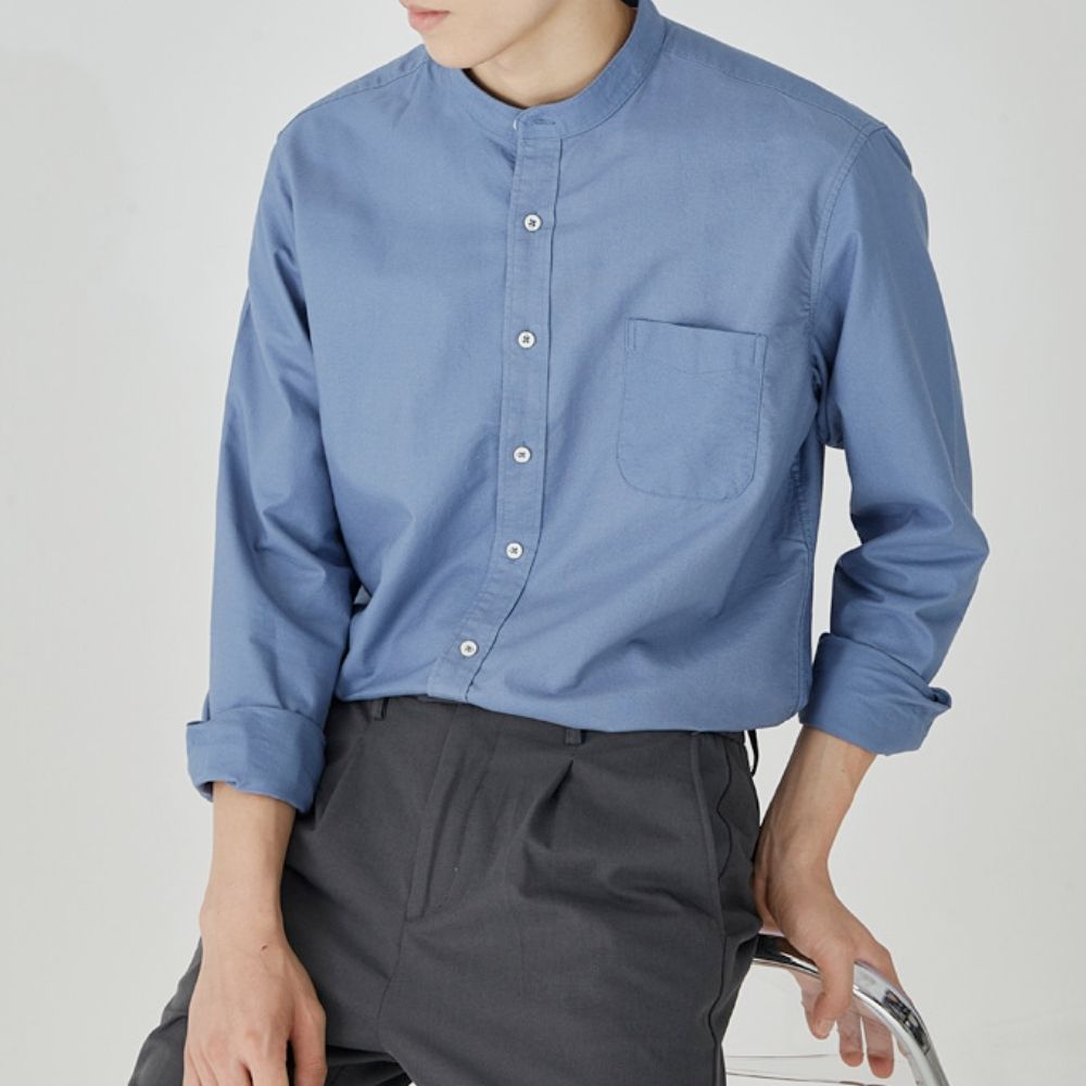 Mens Stand Collar Casual Button Down