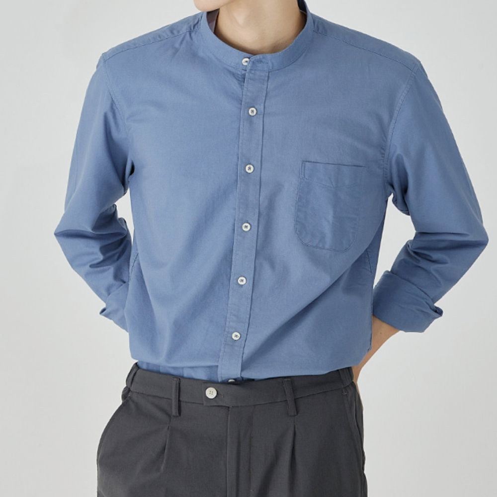 Mens Stand Collar Casual Button Down