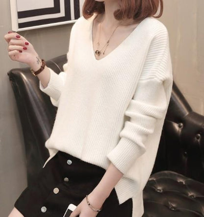 Womens white acrylic blend long sleeve casual V Neck Sweater - AmtifyDirect