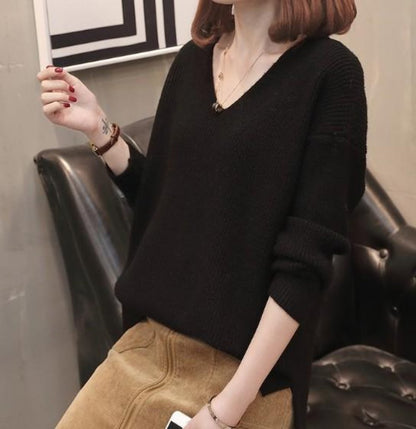 Womens black acrylic blend long sleeve casual V Neck Sweater - AmtifyDirec