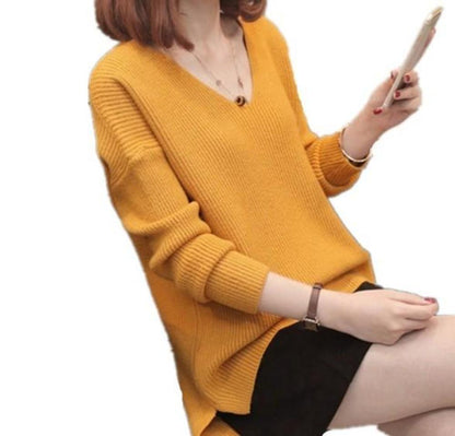 Womens yellow acrylic blend long sleeve casual V Neck Sweater - AmtifyDirec