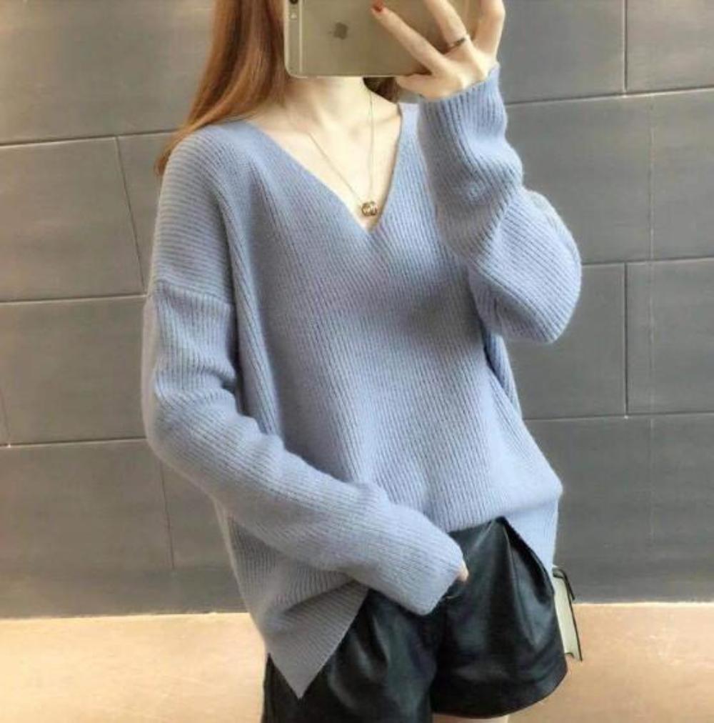 Womens gray acrylic blend long sleeve casual V Neck Sweater - AmtifyDirec