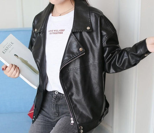 womens black faux leather vegan friendly biker jacket - AmtifyDirect